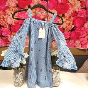 Japna Kids Off the Shoulder with Straps Vertical Blue Stripes with Pink Pineappl